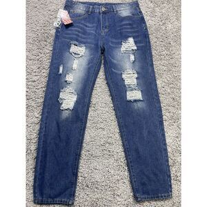 Romwe Women's Blue Denim High Waist‎ Straight Distressed Jeans size 32